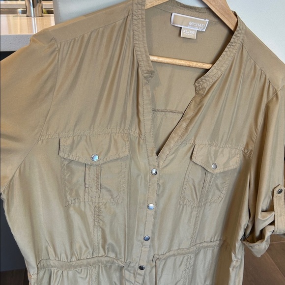 Michael Kors 100% Silk Khaki Shirt Dress Roll Tab Sleeves Size XL - Picture 7 of 13